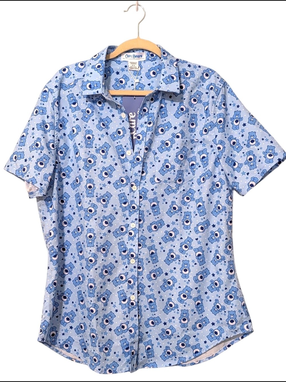 Care Bears Light Blue Short Sleeve Button Down Shirt